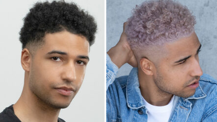 Before and after of African American male model with dusty lilac hair color