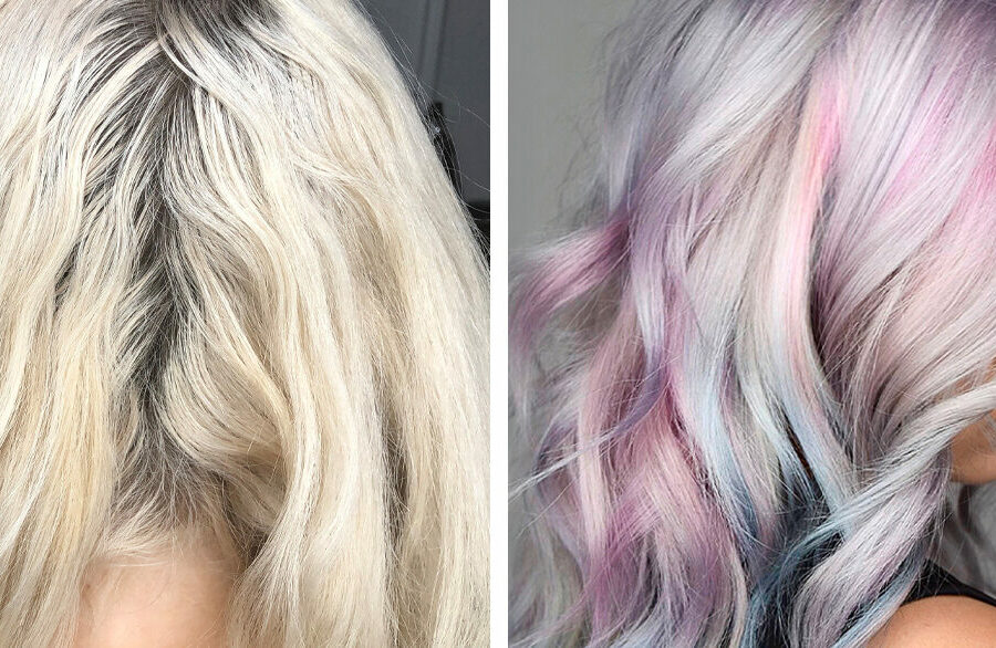 Before and After of a female with holographic hair color