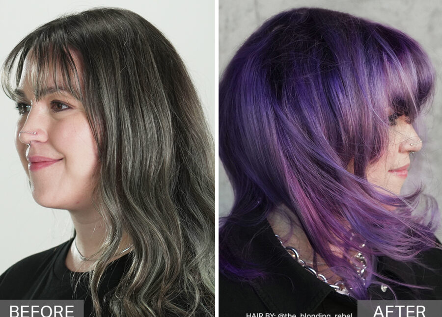 Before and After Hair of Female Model in Digital Purple: A Cosmic Twist on a Classic VIVIDS Shade