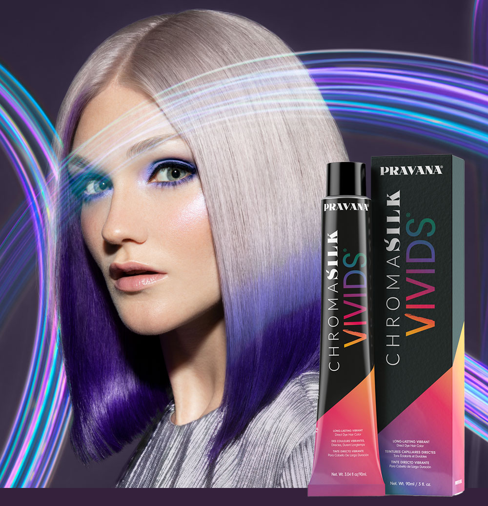 Female model with Digital Purple Hair Style & Vivids Tube