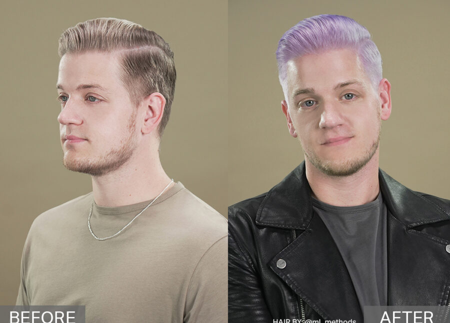 Before and After Hair Transformation of the Male Model in 3 Steps to ChromaSilk VIVIDS AI-Inspired Periwinkle Perfection