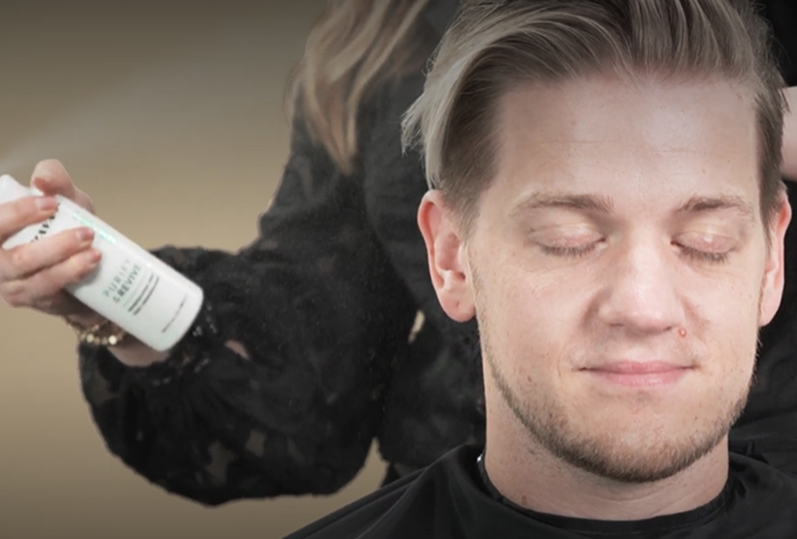 Purify & Revive PRIME applied as a prep for the male model's hair