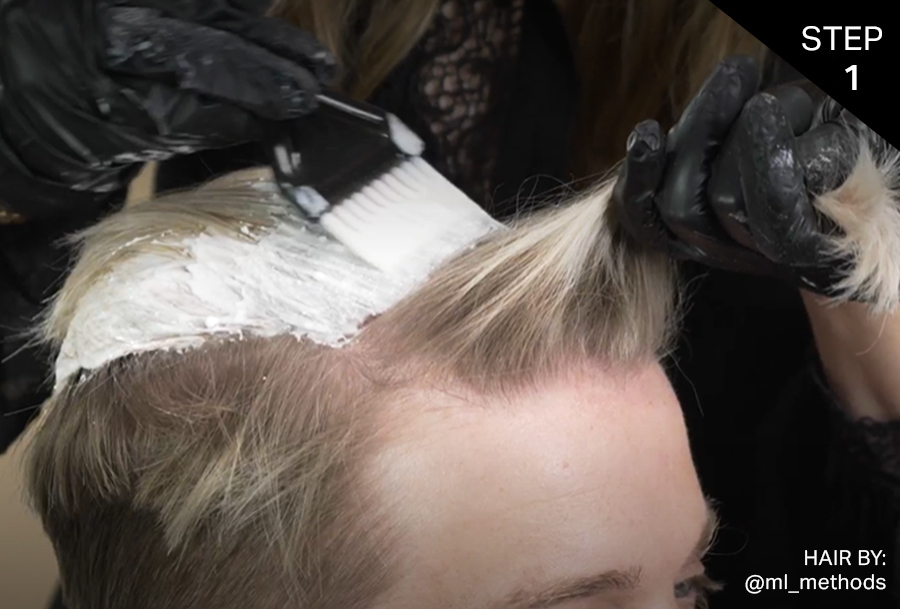 1/8” thin sections of the male model's hair is pre-lightened