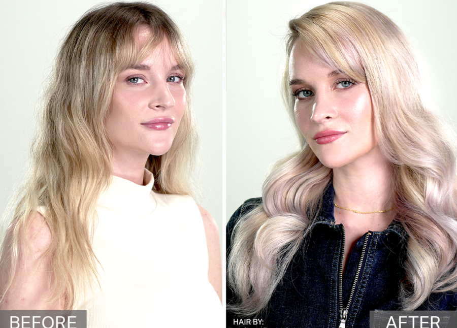 Before and After Hair of the model in Blonde Ambition: Level up your Balayage with Color Block Toning!