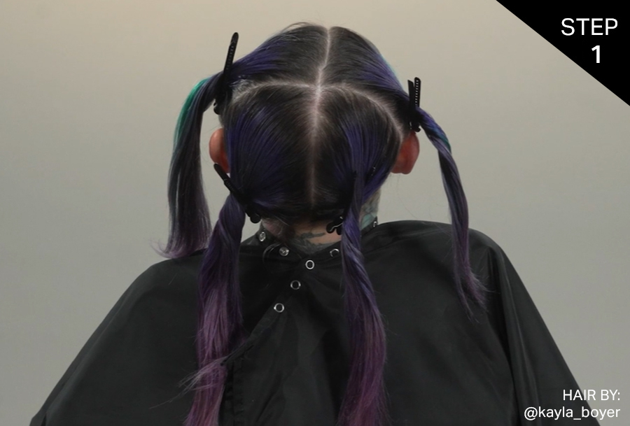 Female model hair divided into PRAVANA standard 4 quadrants