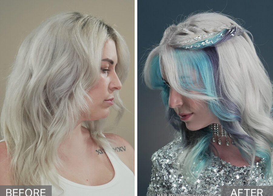 Before and After Image of the Female Model of The Shimmering Snow Queen Elicits Icy Shivers of Frozen Enchantment