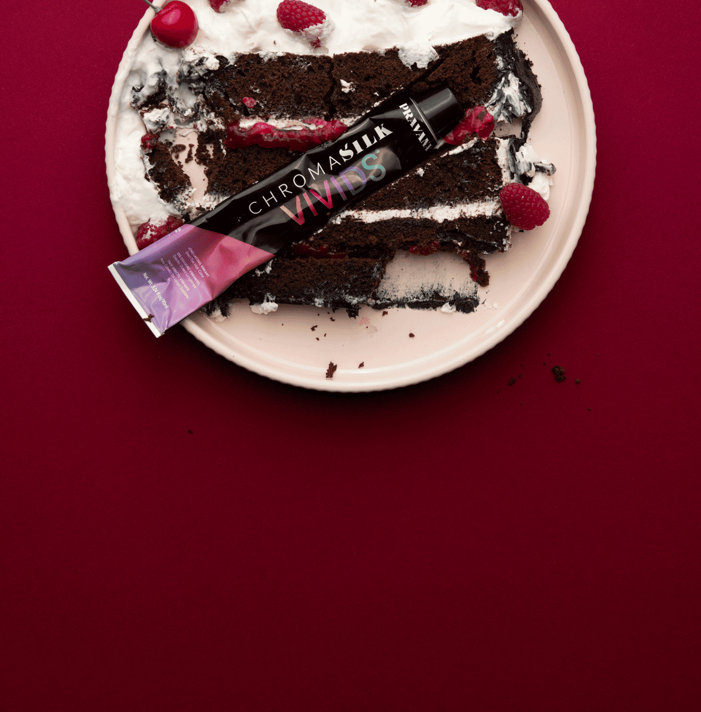 Red Velvet cake on a plate with ChromaSilk VIVIDS Original tube on top
