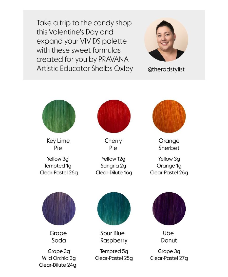 PRAVANA Artistic Educator Shelbs Oxley showcasing six customized VIVIDS hair shades in fantasy hair tones with creative color formulas and expert quote.