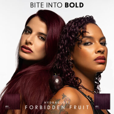 PRAVANA HydraGloss Forbidden Fruit hair color campaign featuring two models with red violet hair shades - 4RV and 6RV