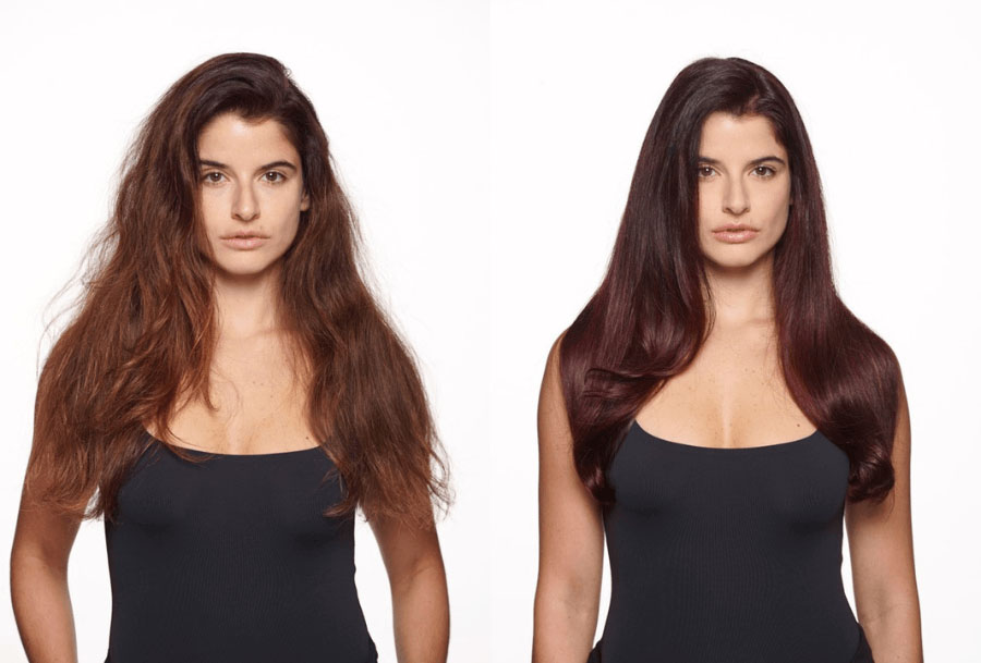 Model with rich, cherry hair color before and after with a glossy finish image by @jesstheebesttcolor