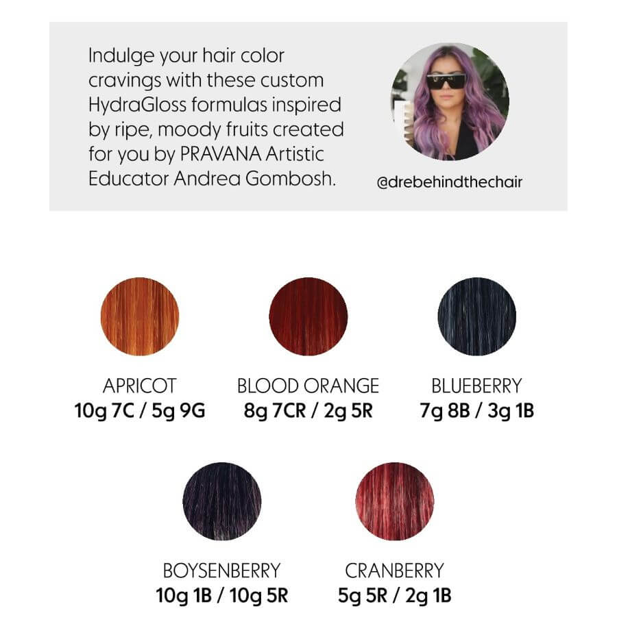 Swatches of custom HydraGloss demi-permanent hair color fruit shades