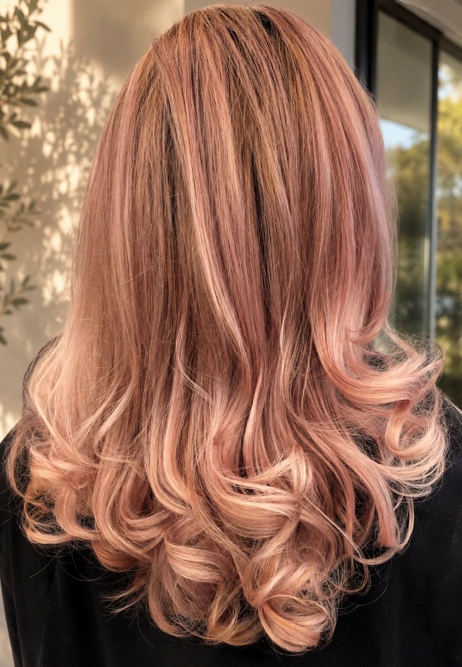 A hair color melt inspired by a refreshing Rosé Sangria that blends light brown, rose gold and soft pink tones.