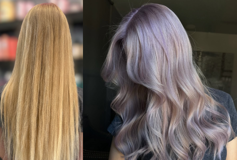 Dimensional Miami Vice-inspired frozen cocktail hair color blending icy blonde and vibrant, pastel pink waves.