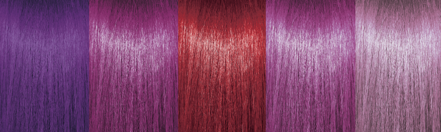 PRAVANA ChromaSilk VIVIDS Everlasting permanent hair color swatches featuring Violet Reign, Poison Berry, Scarlette Red, Mystic Magenta and Enchanted Pink.