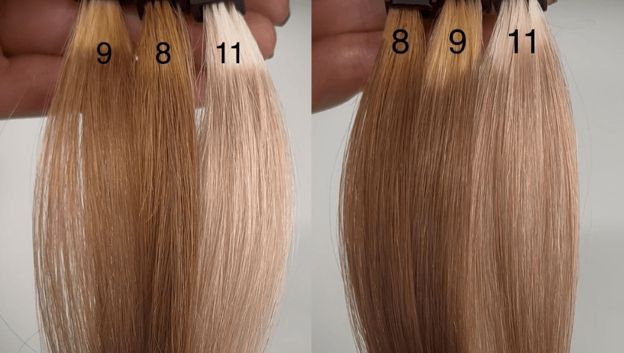 Brown Butter Blonde formula swatches shown on different levels of lift, demonstrate how to create more depth with neutral tones.